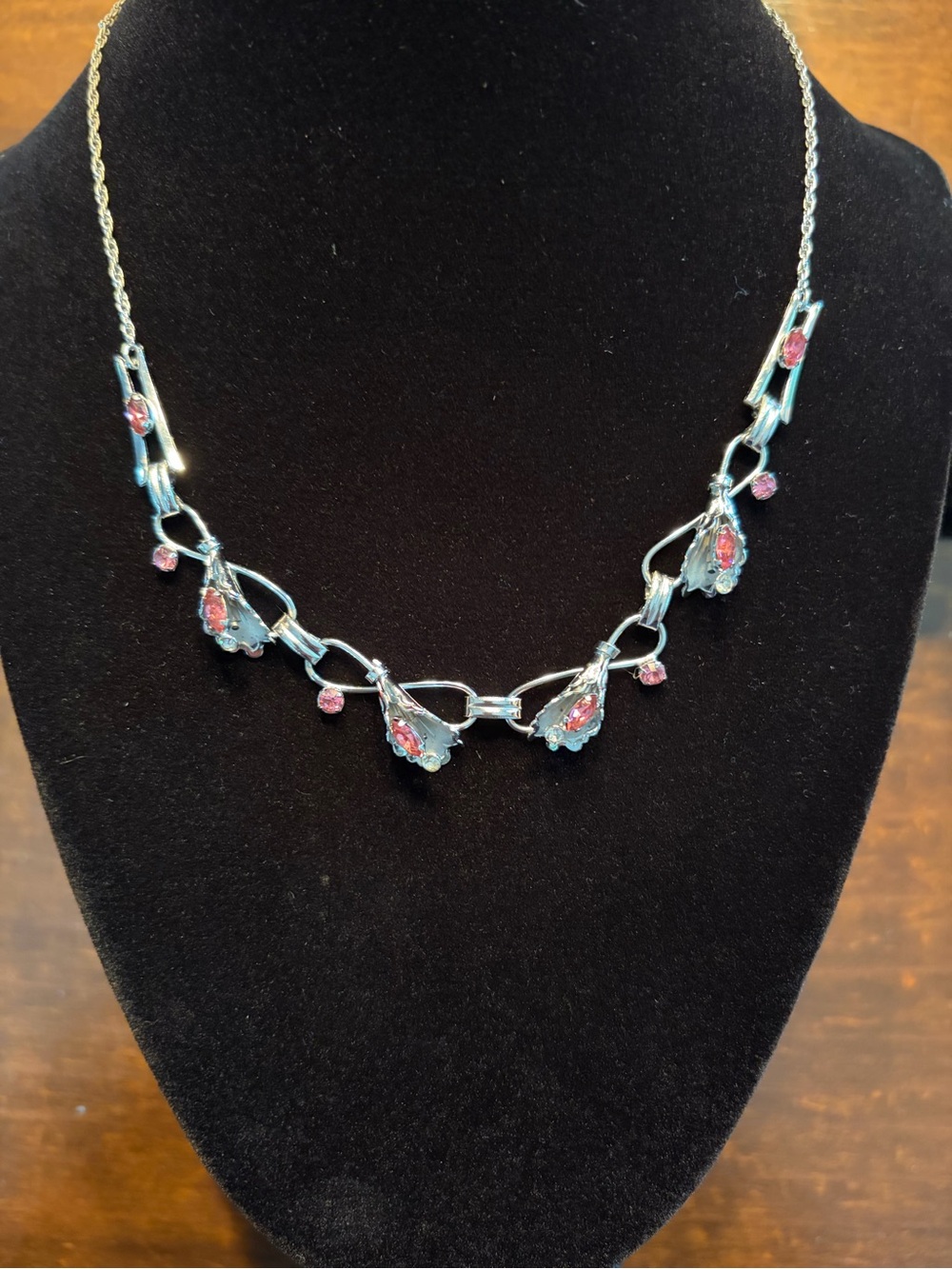 Silver-Tone Necklace with Pink Crystal Drops